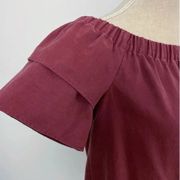 H&M Off the Shoulder Blouse Women Size 4 Burgundy Ruffle Sleeve Lyocell Top - Picture 4 of 8